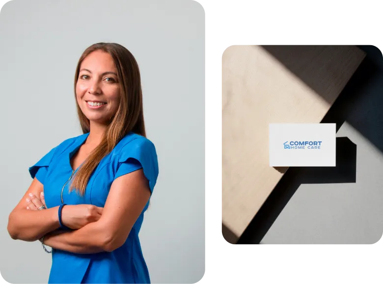 Professional caregiver in blue scrubs beside a Comfort Home Care branded business card