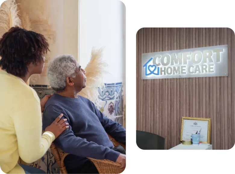 Comfort Home Care Support for Seniors at Home | Comfort Home Care Caregiver supporting a senior at home alongside a Comfort Home Care office sign