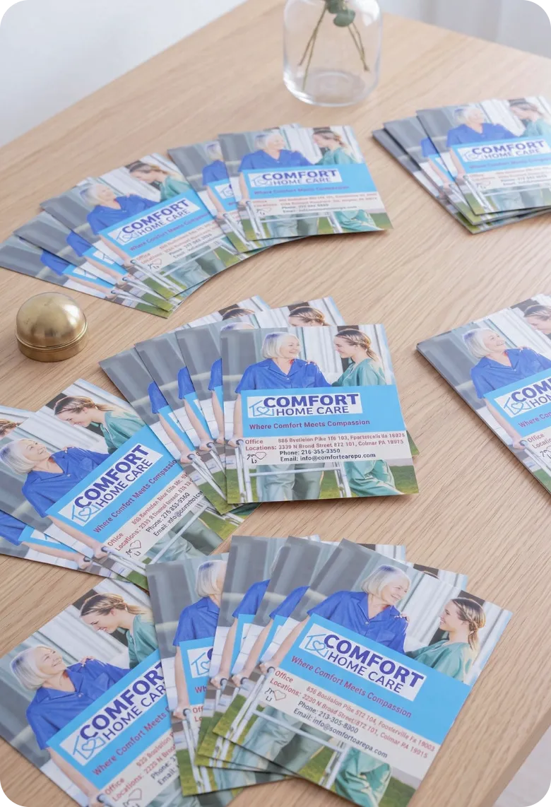 Comfort Home Care Community Outreach Brochures | Comfort Home Care Comfort Home Care brochures arranged on a table for community outreach and home care information