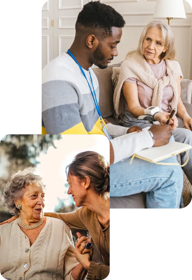 Personal Home Care and Senior Health Support | Comfort Home Care Home caregivers providing personal support and checking a senior woman’s blood pressure