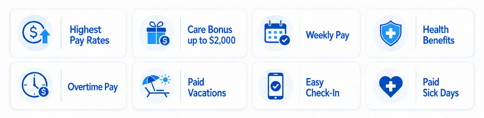 Caregiver Pay and Benefits | Comfort Home Care Comfort Home Care caregiver benefits, including high pay rates, a bonus up to $2,000, weekly pay, health benefits, overtime pay, paid vacations, holidays, and sick days